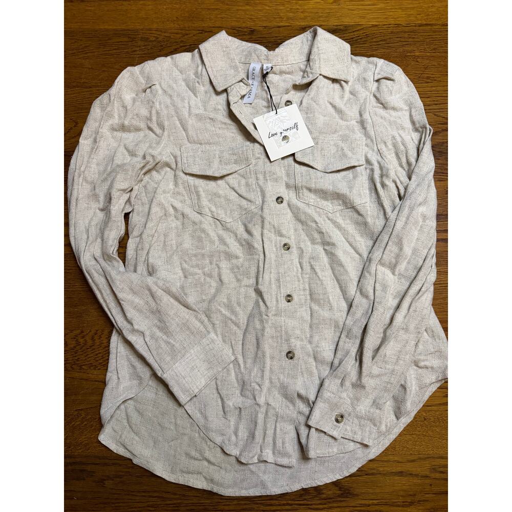 Grace Karma Linen Button Up Shirt Beige Tan NWT Size Small